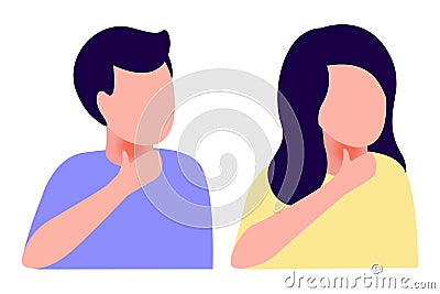 Ill abstract man and woman sore throat. Disease, cold, cough, weakness. Vector illustration on white background Cartoon Illustration