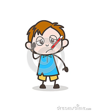 Ill Boy with Fever Thermometer - Cute Cartoon Kid Vector Stock Photo