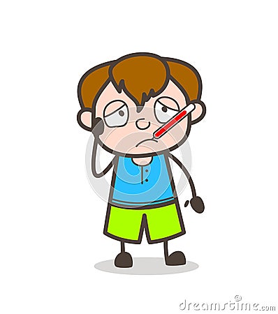 Ill Kid with Fever Thermometer - Cute Cartoon Boy Illustration Stock Photo