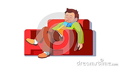 Sick guy in scarf recovering from fever on couch Vector Illustration