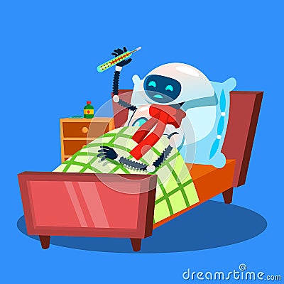 Ill Robot With Warm Scarf Around Neck And Thermometer In Mouth Vector. Isolated Illustration Vector Illustration