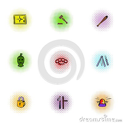 Illegal action icons set, pop-art style Vector Illustration