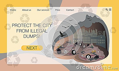 Illegal city dump, landfill. Solving environmental problems of pollution cities. Concept of website, landing page design template Vector Illustration