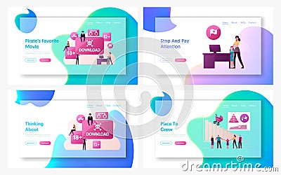 Illegal Content and Birth Rate Landing Page Template Set. Pirates Characters Sharing Files Using Torrent Servers Vector Illustration