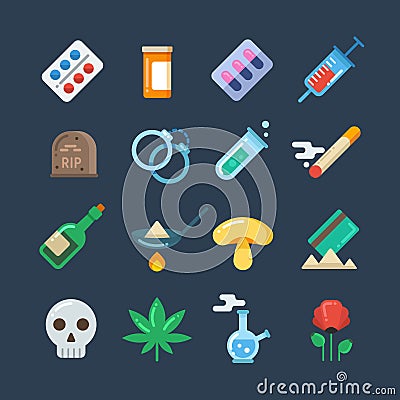 Illegal drug tablets, alcohol addiction, methamphetamine abuse vector flat icons Vector Illustration
