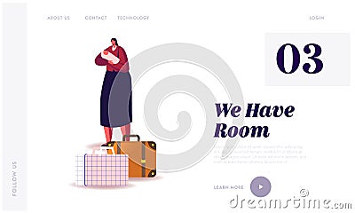 Illegal or Legal Immigrant, Refugee Landing Page Template. Female Character with Newborn Baby on Hands Vector Illustration