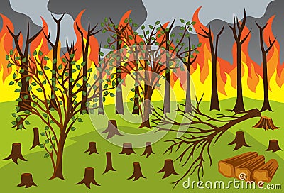 Illegal Logging and Forest Fires Vector Illustration Cartoon Illustration