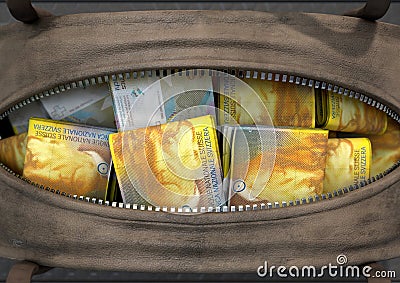 Illicit Cash In A Brown Duffel Bag Stock Photo