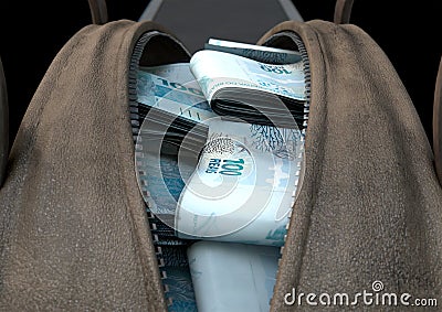 Illicit Cash In A Brown Duffel Bag Stock Photo