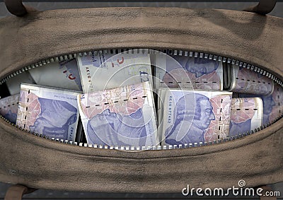 Illicit Cash In A Brown Duffel Bag Stock Photo