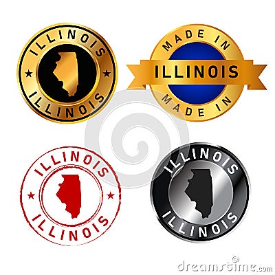 Illinois badges gold stamp rubber band circle with map shape of country states America Vector Illustration