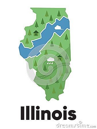 Illinois map shape United states America green forest hand drawn cartoon style with trees travel terrain Vector Illustration