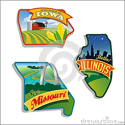 Illinois Missouri Iowa vector illustrations designs US series Stock Photo