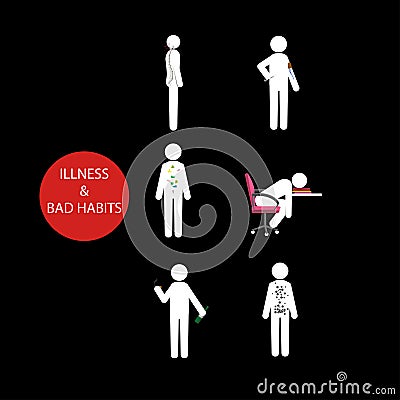 Illness and bad habits stick man set Vector Illustration