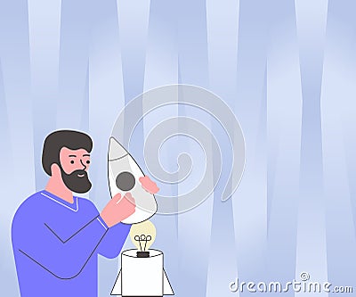 Illsutration Of Man Holding A Small Rocketship Discovered New Amazing Ideas Inside. Guy Drawing Handling Mini Spacecraft Vector Illustration