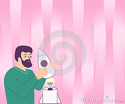 Illsutration Of Man Holding A Small Rocketship Discovered New Amazing Ideas Inside. Guy Drawing Handling Mini Spacecraft Vector Illustration
