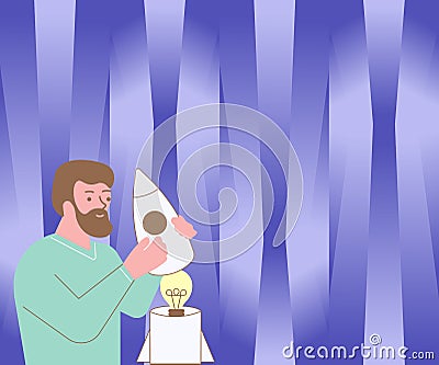 Illsutration Of Man Holding A Small Rocketship Discovered New Amazing Ideas Inside. Guy Drawing Handling Mini Spacecraft Vector Illustration