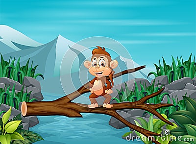 Illsutration of an monkey crossing a tree bridge Vector Illustration