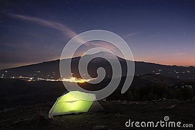 Illuminanted tent on mountain of Nebrodi Park at the twilight Stock Photo