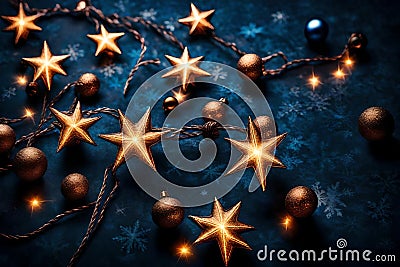 Illuminate the holiday spirit with a captivating image of Christmas lights suspended over a deep, dark blue background. Capture Stock Photo