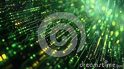 Illuminate Your Designs with Neon Green Circuits and Glowing Binary Codes: A Futuristic Hi-Tech Abstract Background Stock Photo