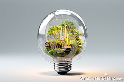 Light bulb with house inside. Eco friendly concept Ai generative Stock Photo