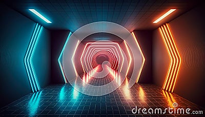 Illuminate Your Future, High-Tech Tunnel with Laser and Fluorescent Lighting on Walls, Generative AI Stock Photo