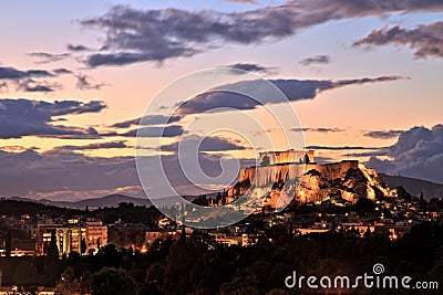 Illuminated Acropolis in Athens, Greece at dusk Stock Photo