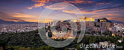 The illuminated Acropolis of Athens, Greece just after sunset Stock Photo