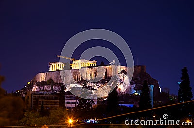 Illuminated Acropolis with Parthenon at night, Greece. Stock Photo