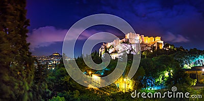 Illuminated Acropolis with Parthenon at night, Greece. Stock Photo