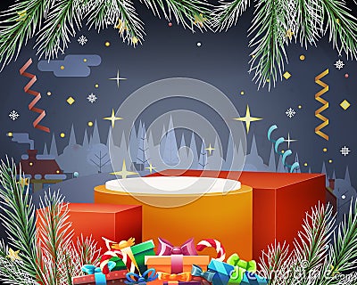Illuminated advertising stand new year light gift box christmas night winter vector Illustration Vector Illustration