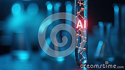 Illuminated AI in lab glassware with molecule structures. Scientists in bright lab, enhancing research through artificial Stock Photo