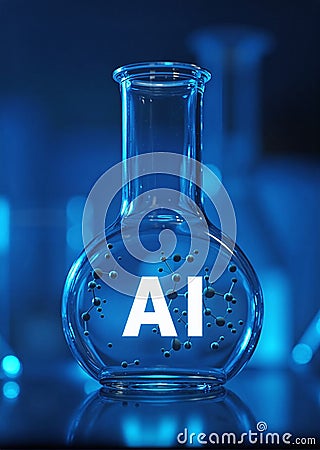 Illuminated AI in lab glassware with molecule structures. Scientists in bright lab, enhancing research through artificial Stock Photo