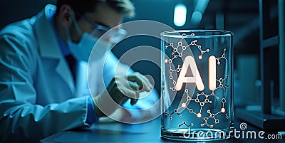 Illuminated AI in lab glassware with molecule structures. Scientists in bright lab, enhancing research through artificial Stock Photo