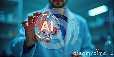 Illuminated AI in lab glassware with molecule structures. Scientists in bright lab, enhancing research through artificial Stock Photo