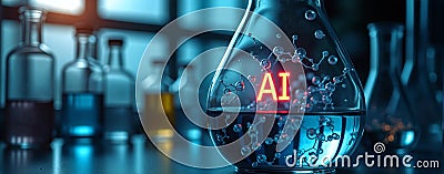 Illuminated AI in lab glassware with molecule structures. Scientists in bright lab, enhancing research through artificial Stock Photo