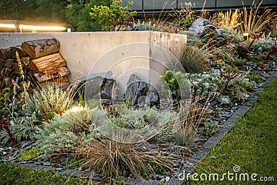 Illuminated Backyard Rockery Garden Stock Photo