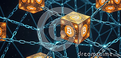 Illuminated Bitcoin Cube Chain AI Generative Stock Photo