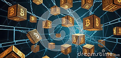 Illuminated Bitcoin Cube on Network AI Generative Stock Photo