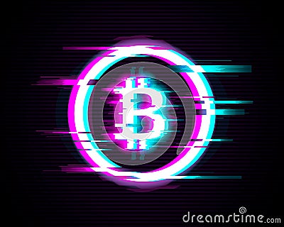 Illuminated Bitcoin symbol with glitch effect on modern background Vector Illustration