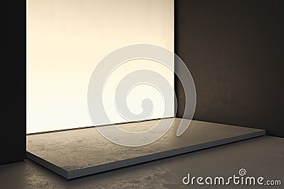 Illuminated blank white Canvas placard or billboard or wall in showroom, 3d rendering. Stock Photo