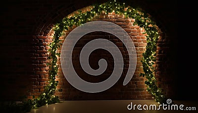 Illuminated brick wall backdrop with glowing abstract decoration and nature frame generated by AI Stock Photo