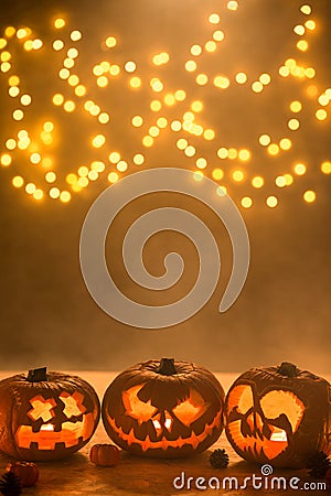 Illuminated carved halloween pumpkins lanterns Stock Photo