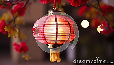 Illuminated Chinese lantern hanging on tree branch generated by AI Stock Photo