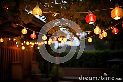 illuminated chinese lanterns hanging in a festoon Stock Photo