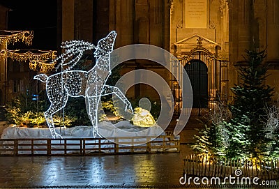 Illuminated Christmas deer, Night decoration in the city center Stock Photo