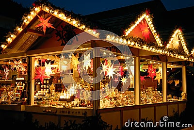 Illuminated Christmas fair kiosk Stock Photo