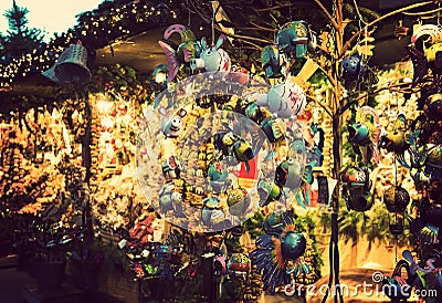 Illuminated Christmas fair kiosk with loads of shining decorations Stock Photo