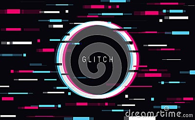 An illuminated circle frame with glitch effect and a place for text Distorted glitch style modern background, glow design for Vector Illustration